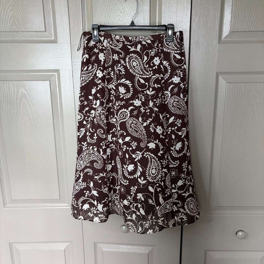 Y2K Brown Paisley Midi Skirt Women Size 8P Floral Boho Cottagecore Fairy Lined